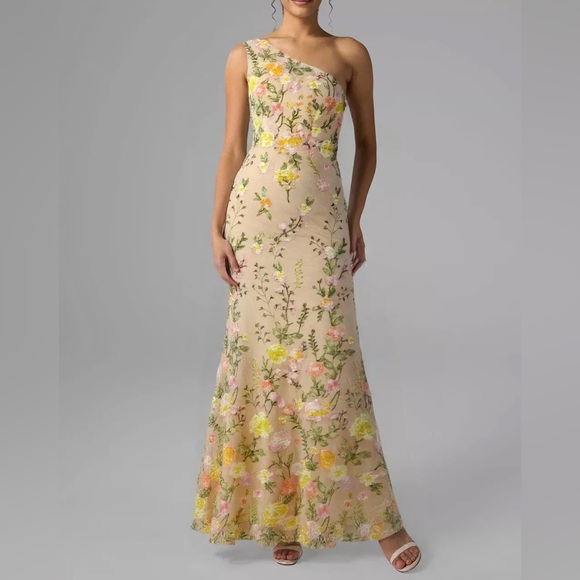 Mac Duggal One-Shoulder Embroidered Floral Gown in Pink and Yellow - Sz 14 - Picture 2 of 11